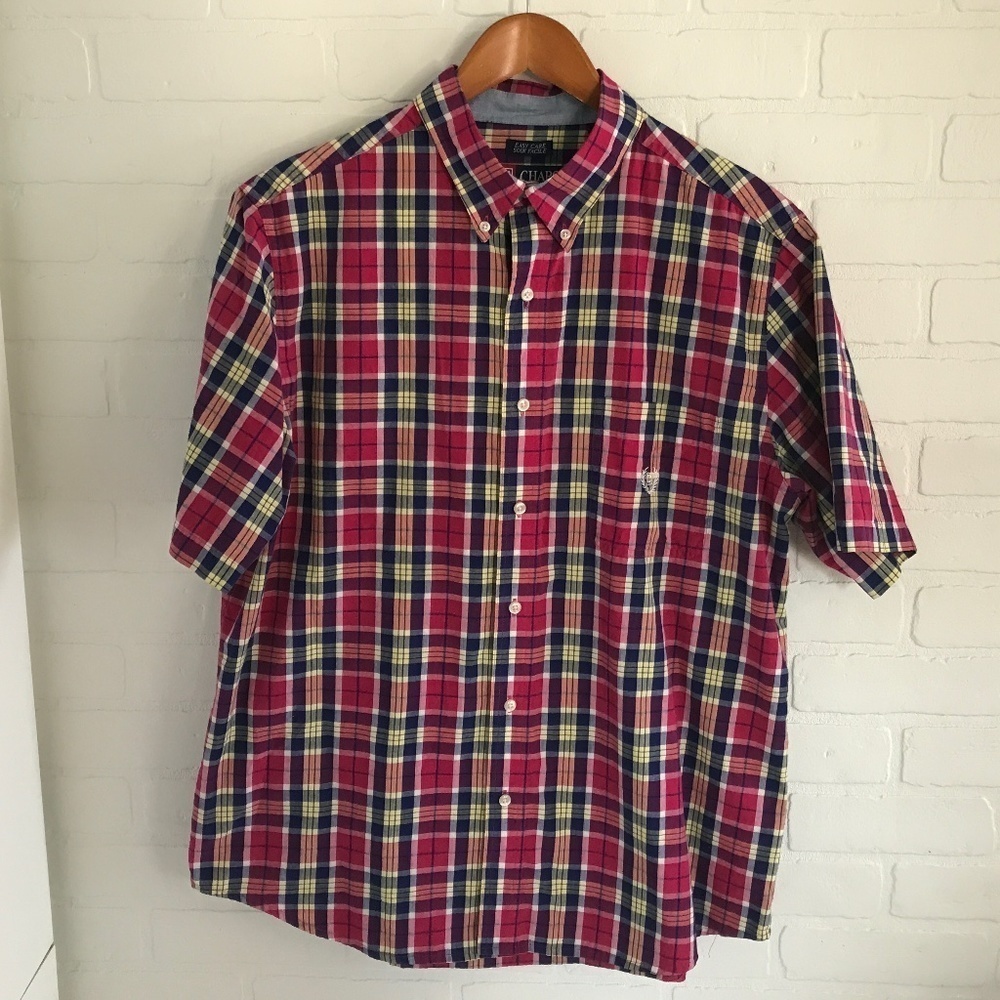 Chaps Men’s Button down shirt Magenta/navy/yellow Plaid Preppy Skater Size L